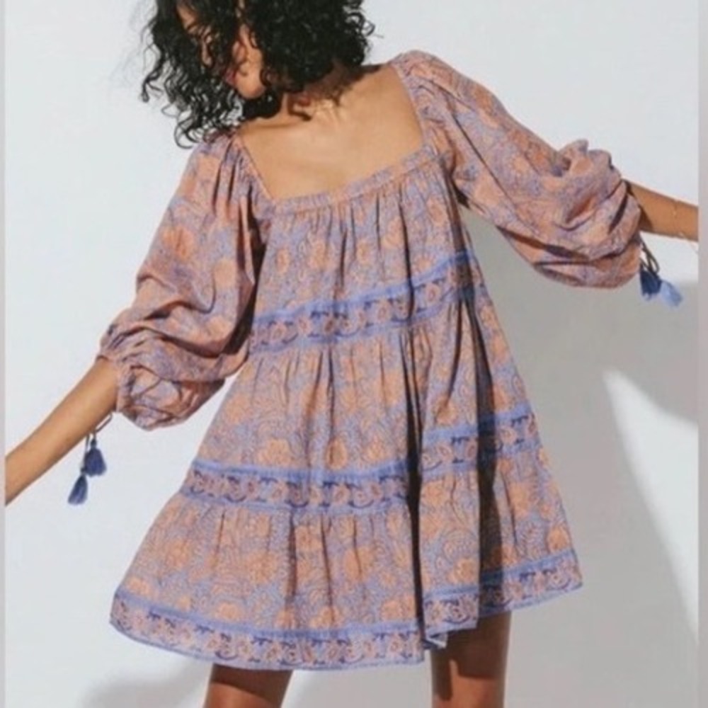 Cleobella Hattie Mini Dress Vine Block Floral Print Boho S Balloon Puff Sleeve - Picture 2 of 10